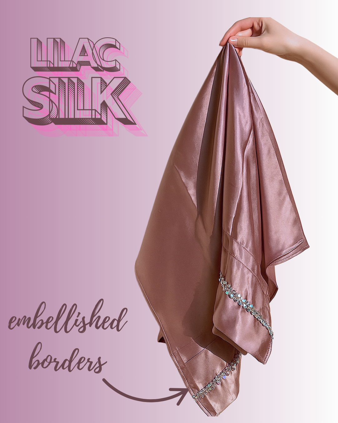 Luxury Lilac Silk Scarf – Pleated Border & Shiny Lace Embellishment