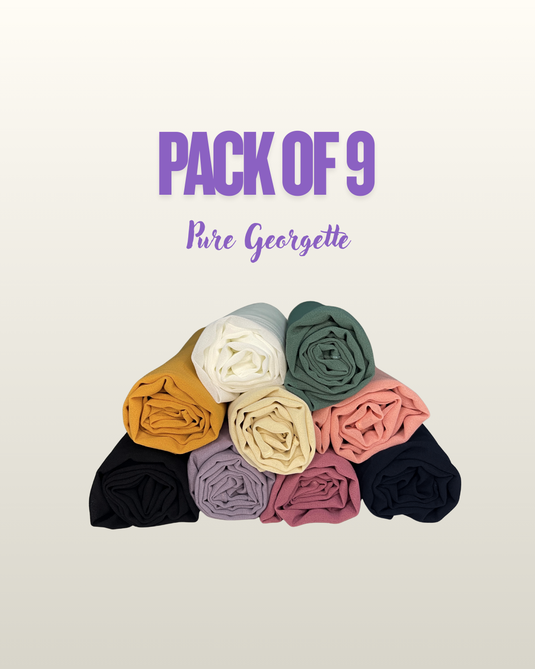 Pack of 9 Scarves (Cream Beige, Mustard Yellow, Black, Lilac, Tea Pink, Sage Green, White, Navy Blue, and Pink)
