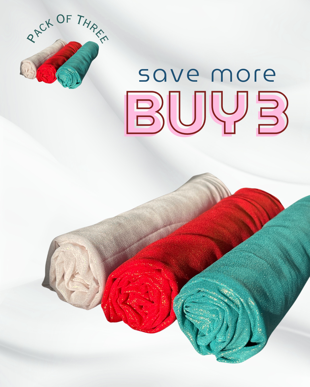 Pack of 3 Moonlight Scarves – White, Red & Aqua Blue | Soft, Shimmery & Versatile
