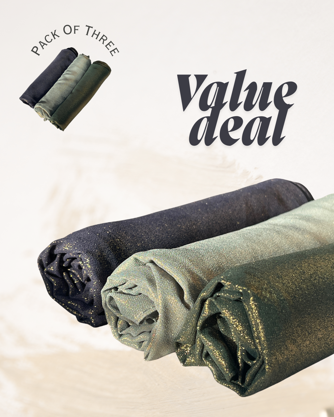 Pack of 3 Moonlight Scarves – Navy Blue, Sea Green & Dark Green | Shimmery Lightweight Wraps