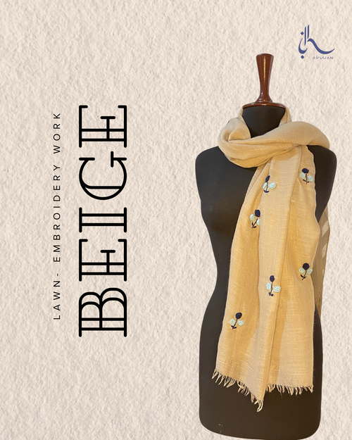 Beige Lawn Scarf with Navy Blue & Sky Blue Floral Embroidery – Elegant & Lightweight