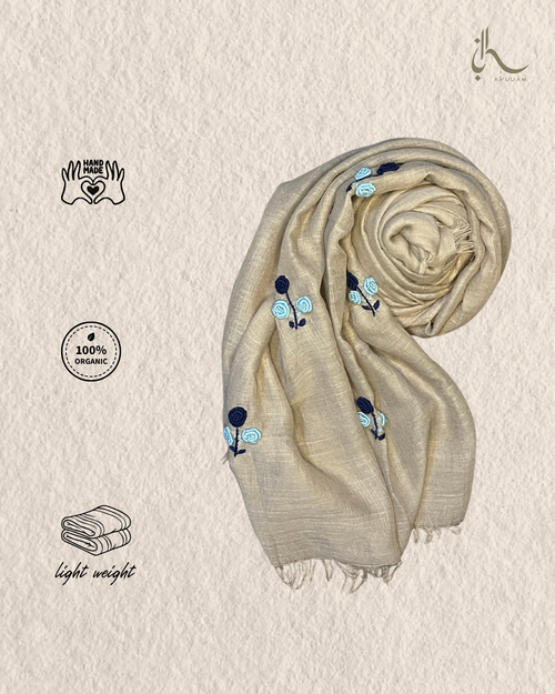 Beige Lawn Scarf with Navy Blue & Sky Blue Floral Embroidery – Elegant & Lightweight