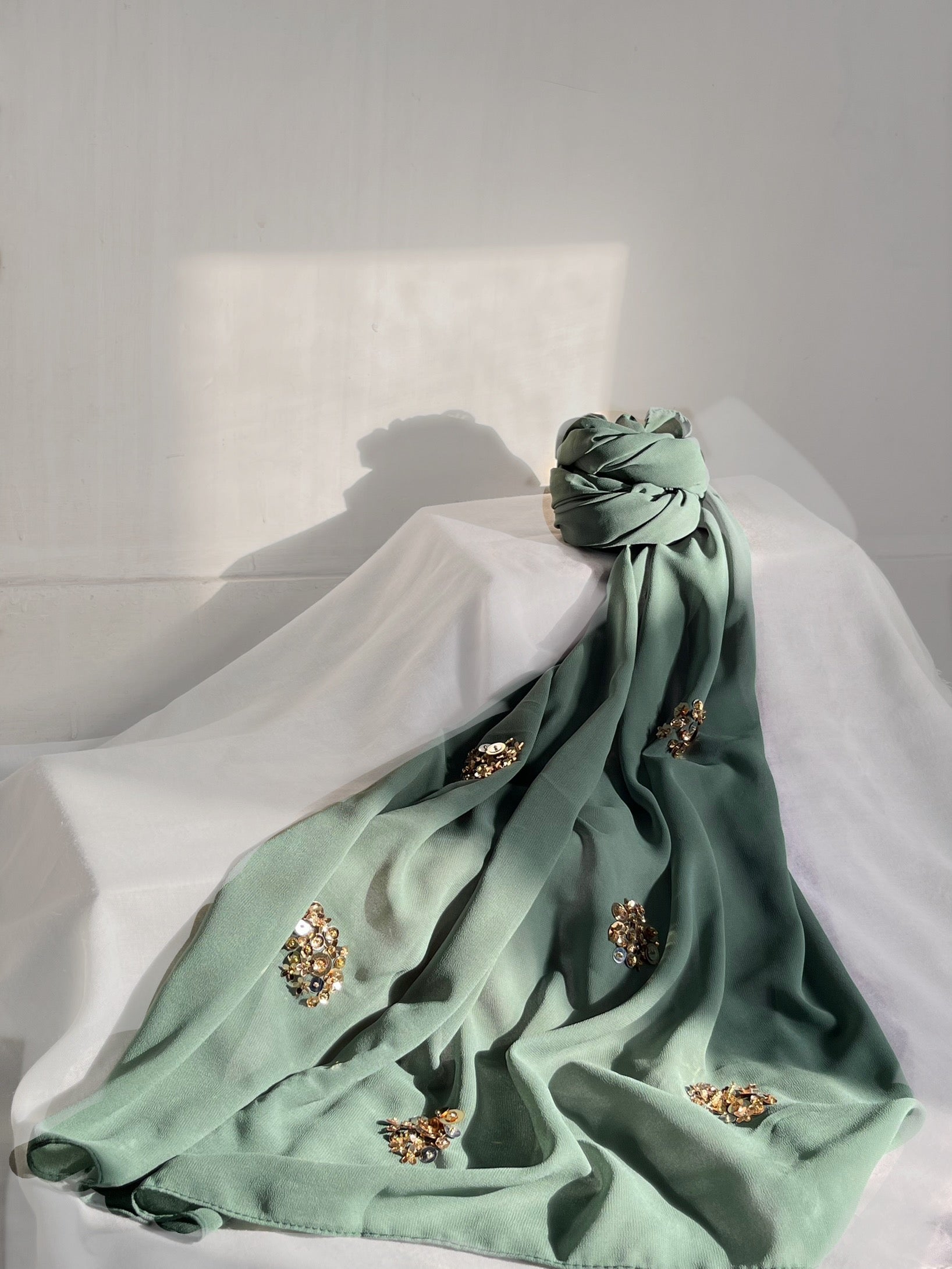 Sage Green Embellished Scarf for Women – Lightweight Soft Wrap with Beaded Details for Elegant Styling