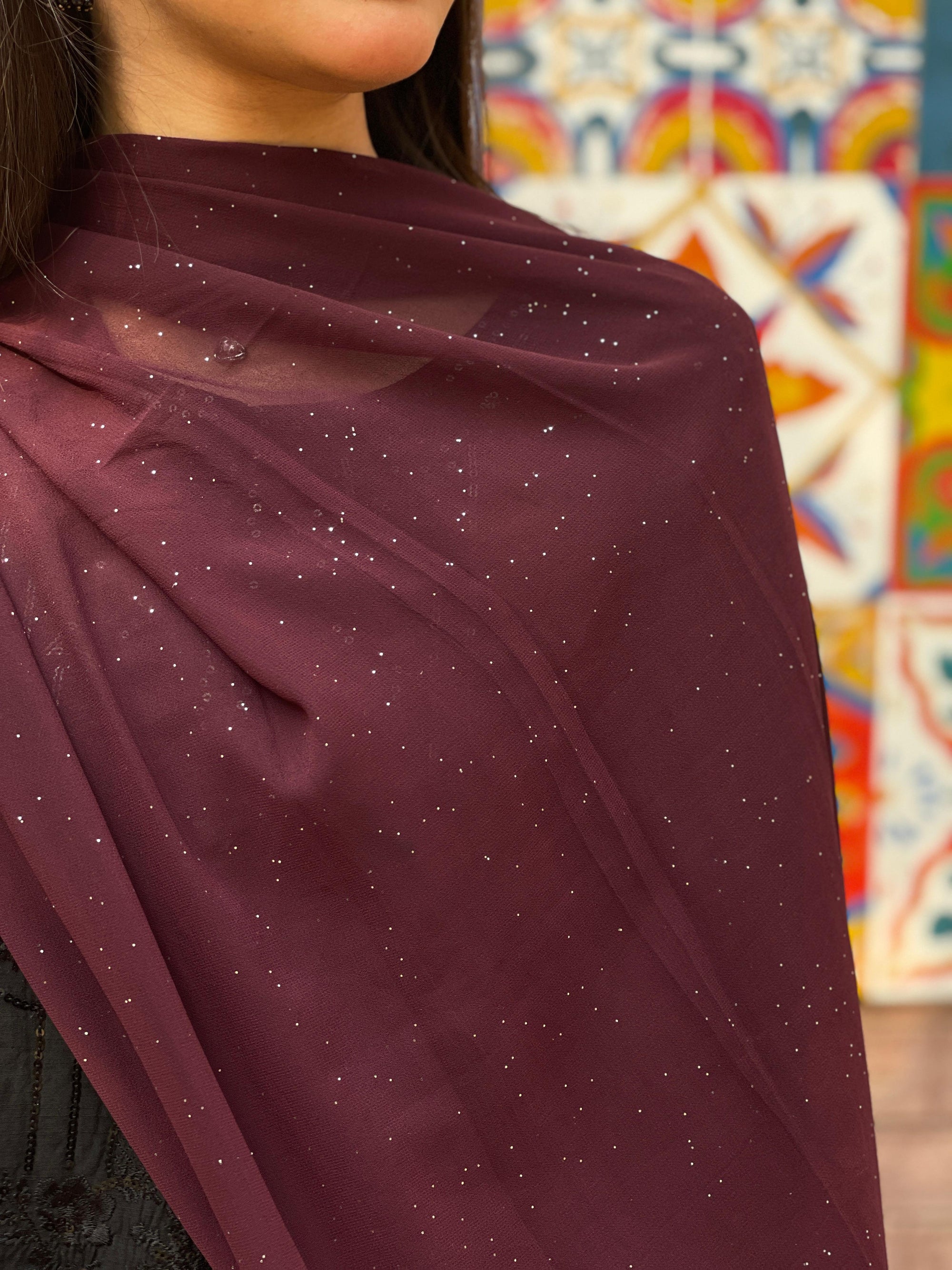 Plum Glittered Scarf with Silver Sitari Embellishments