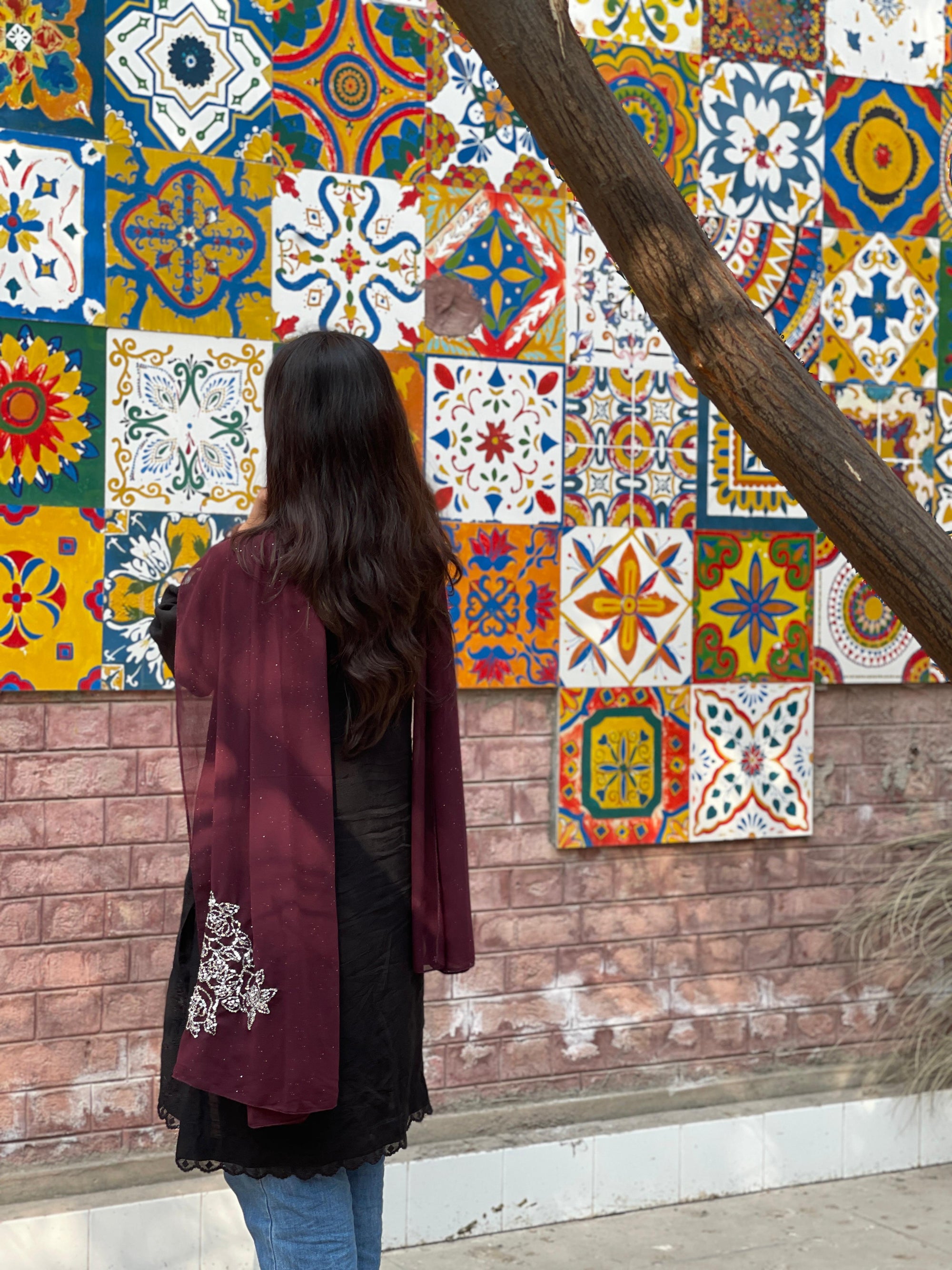 Plum Glittered Scarf with Silver Sitari Embellishments
