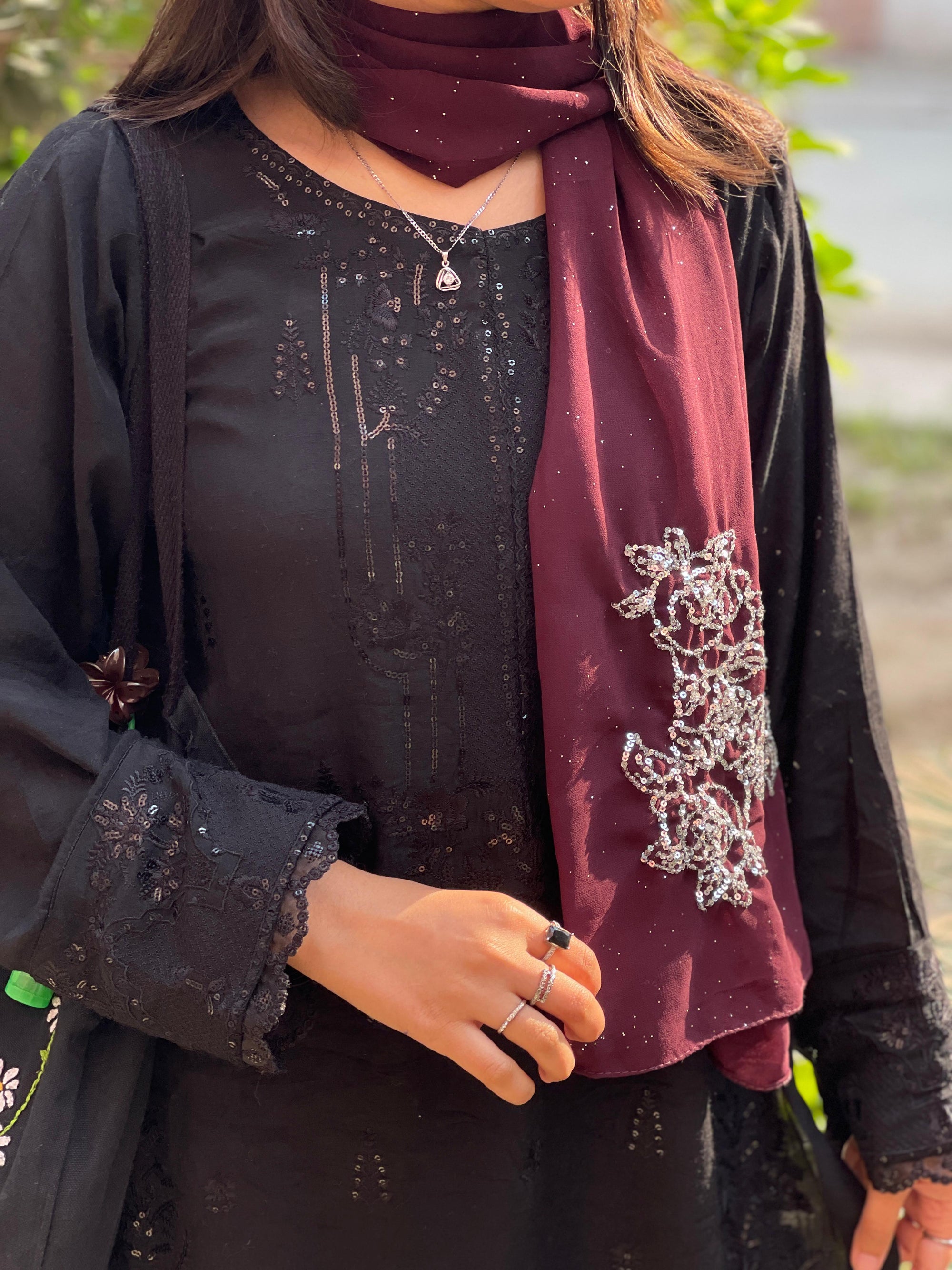 Plum Glittered Scarf with Silver Sitari Embellishments