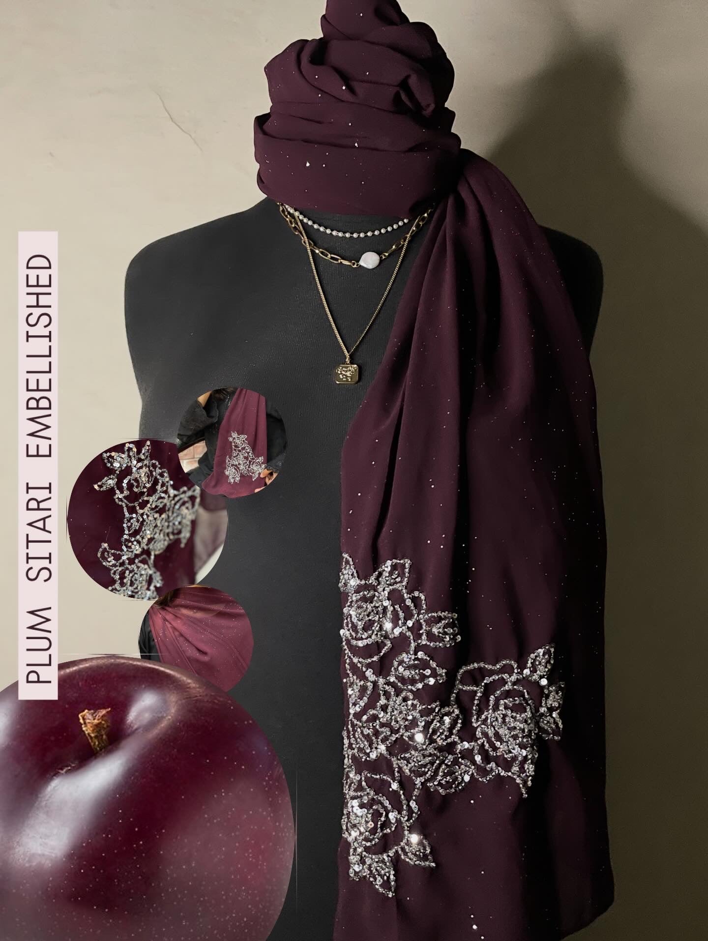 Plum Glittered Scarf with Silver Sitari Embellishments