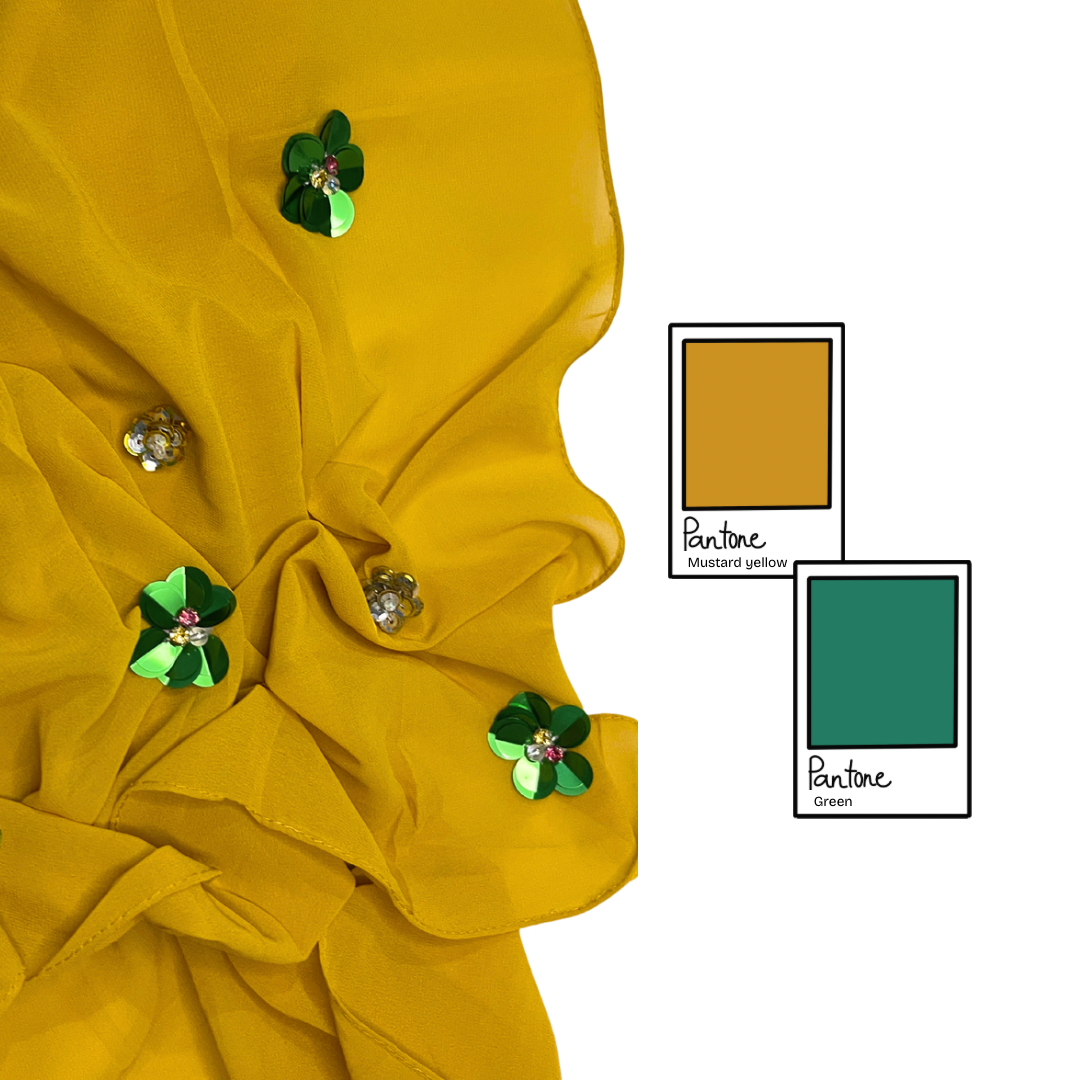 Mustard Yellow Scarf with Gold & Green Floral Embellishments
