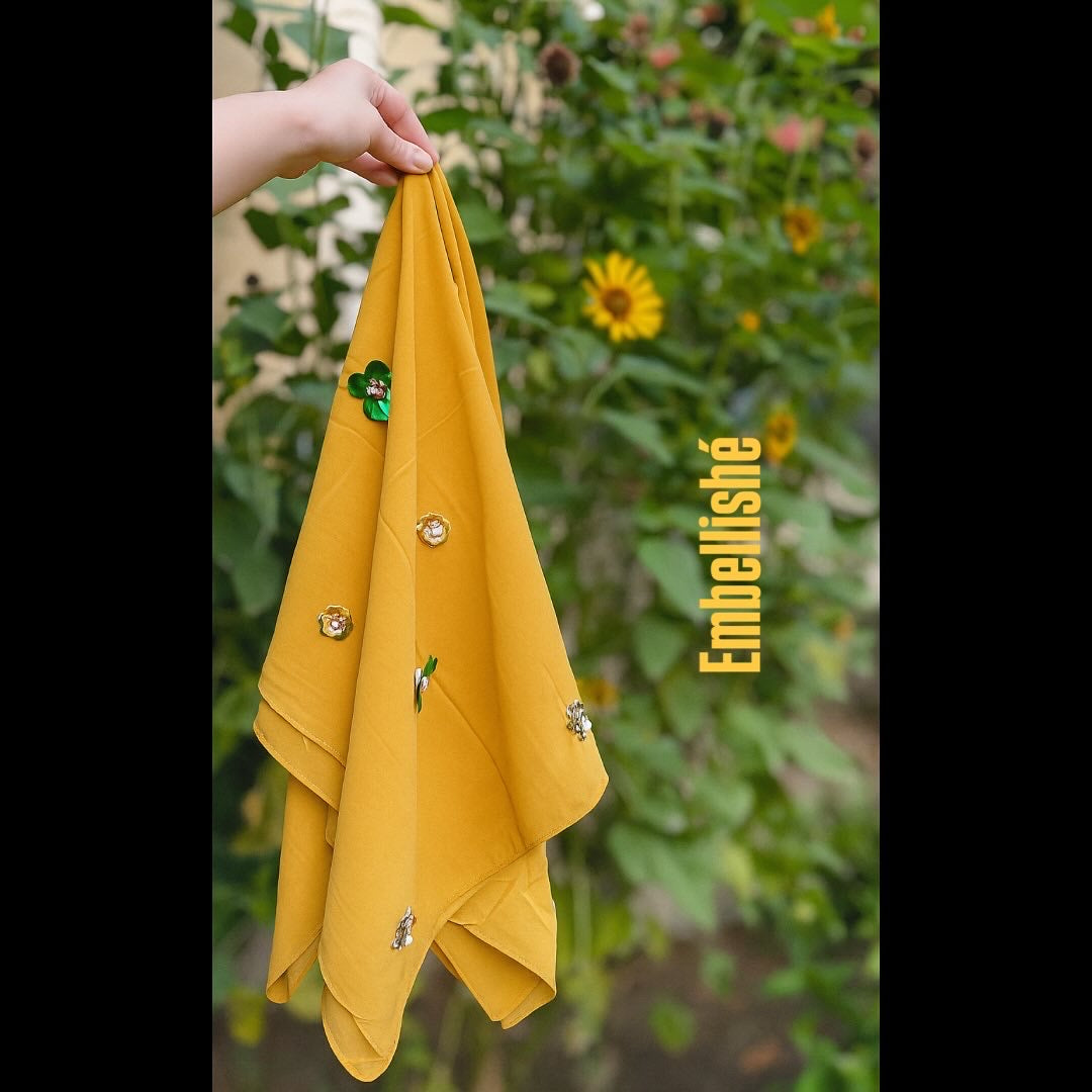 Mustard Yellow Scarf with Gold & Green Floral Embellishments