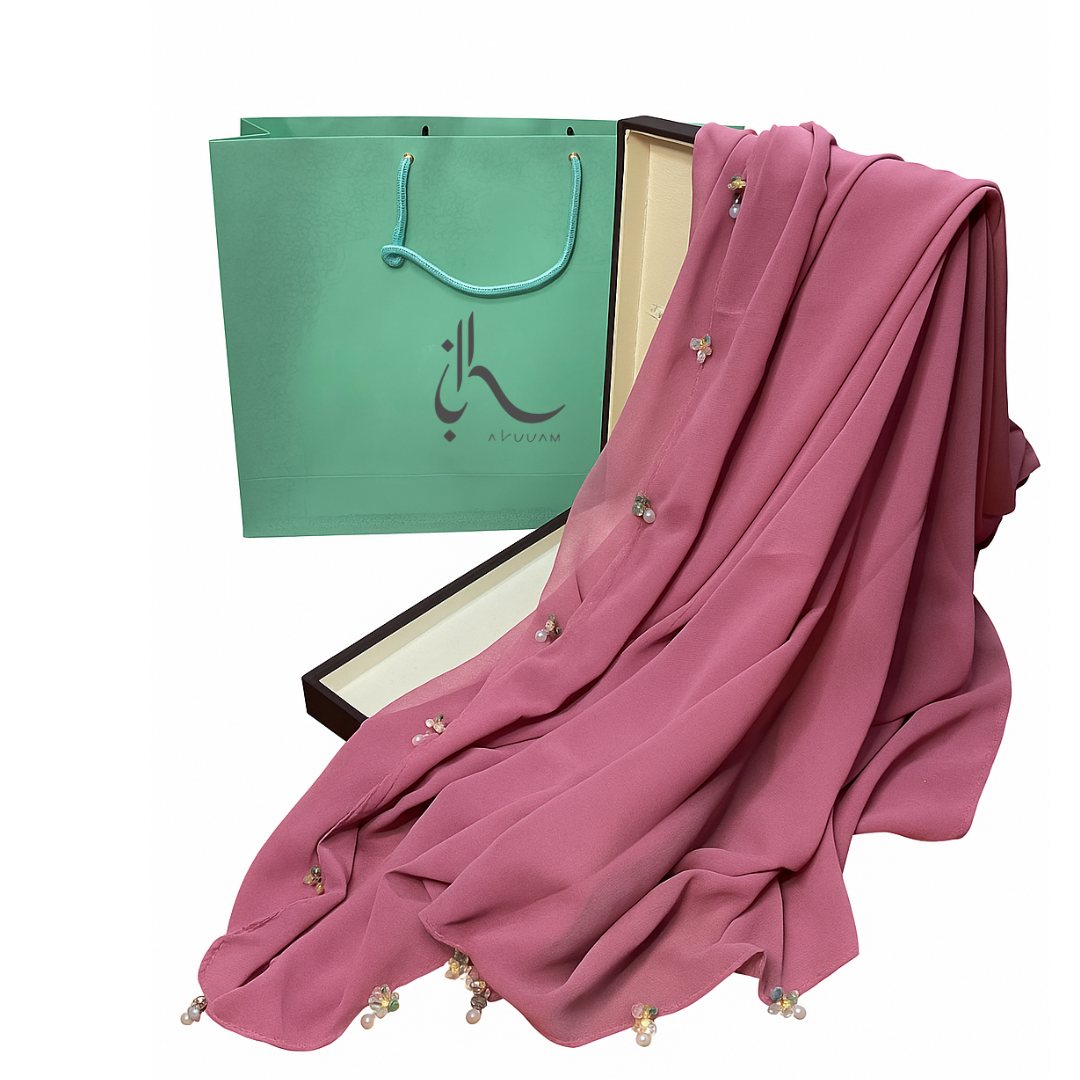 Tea Pink Scarf with Multicolored Floral Turkish Tassels
