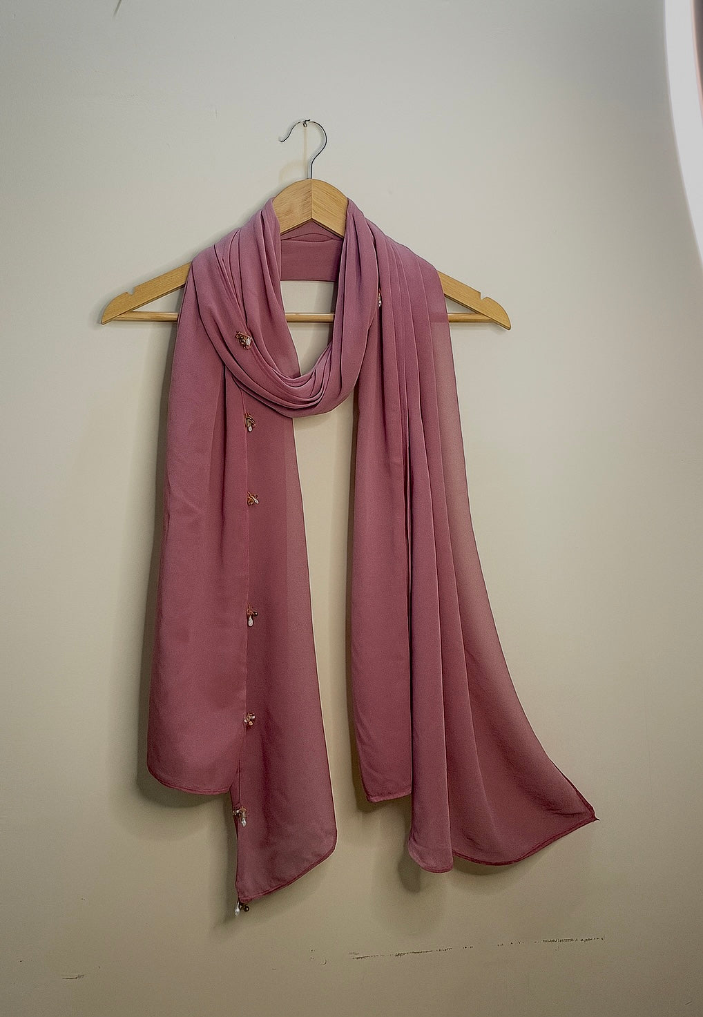 Tea Pink Scarf with Multicolored Floral Turkish Tassels