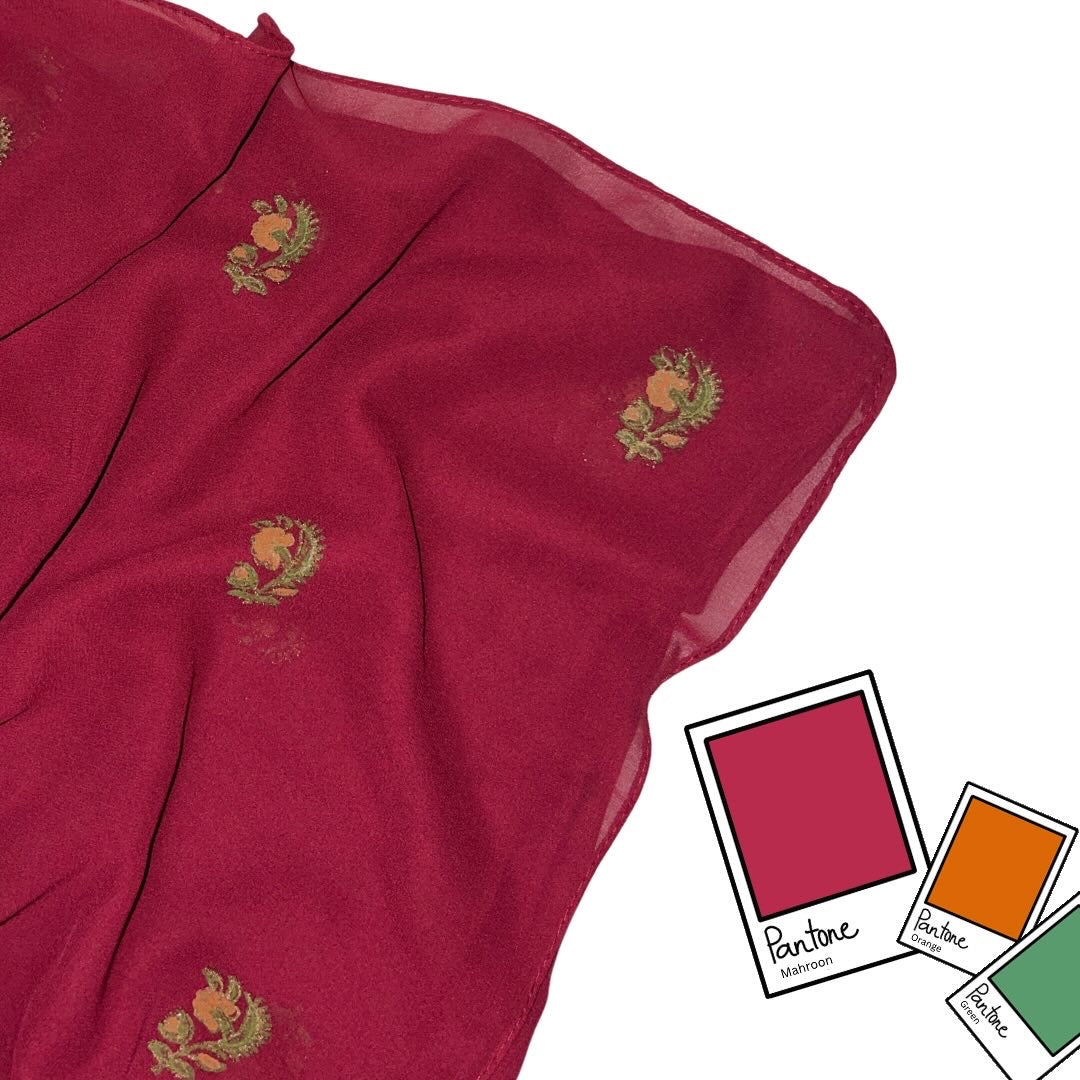 Mahroon Georgette Scarf with Orange & Green Block Print and Golden Outlining