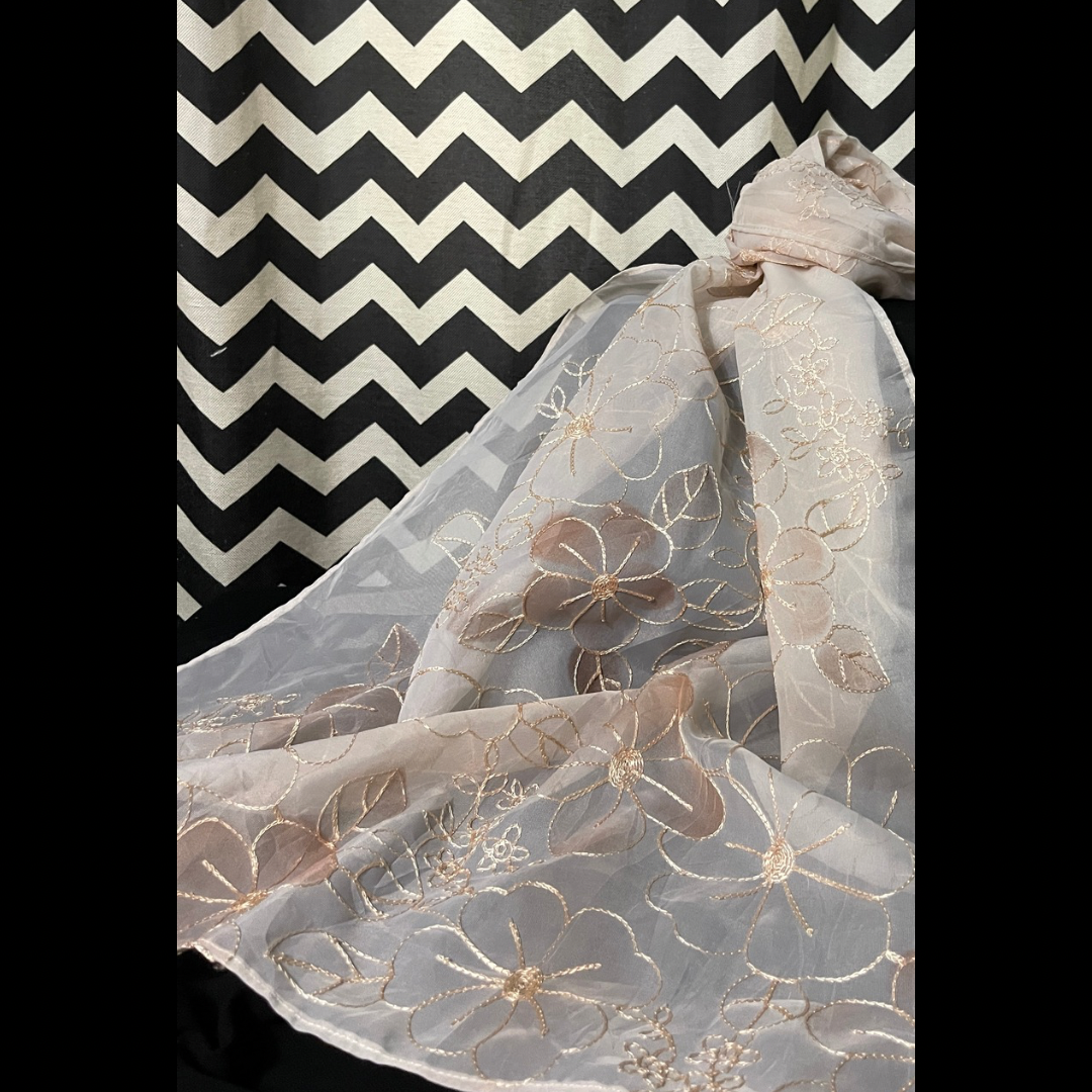 Pastel Pink Organza Scarf with half Sided Floral Embroidery & Paints