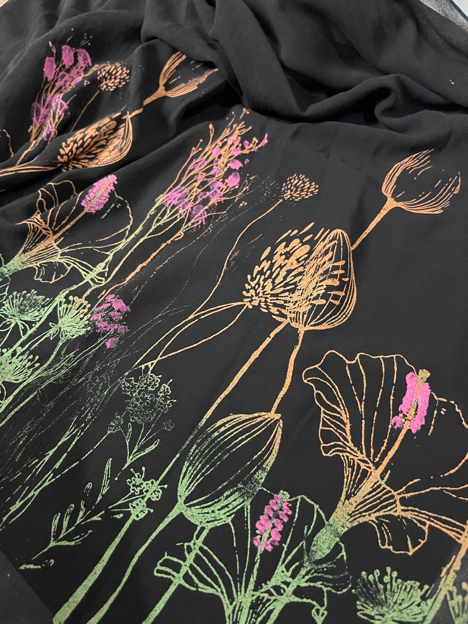 Black Georgette Block Printed Scarf – Multicolor Traditional & Artistic Wrap