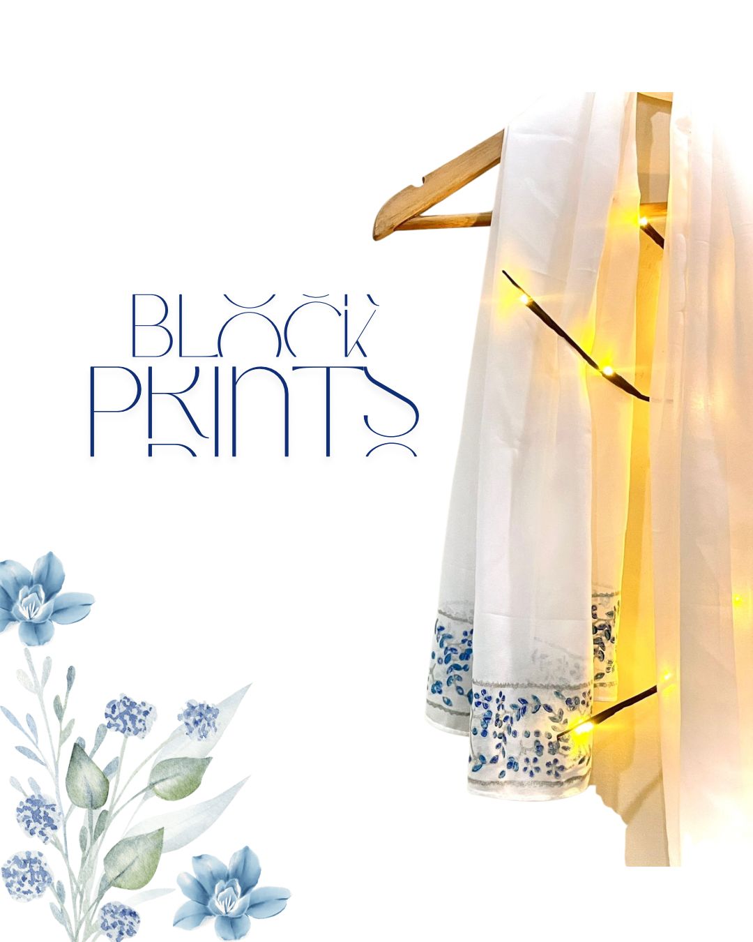 White Georgette Scarf with Blue Leafy Block Print & Silver Highlights – Elegant Lightweight Wrap