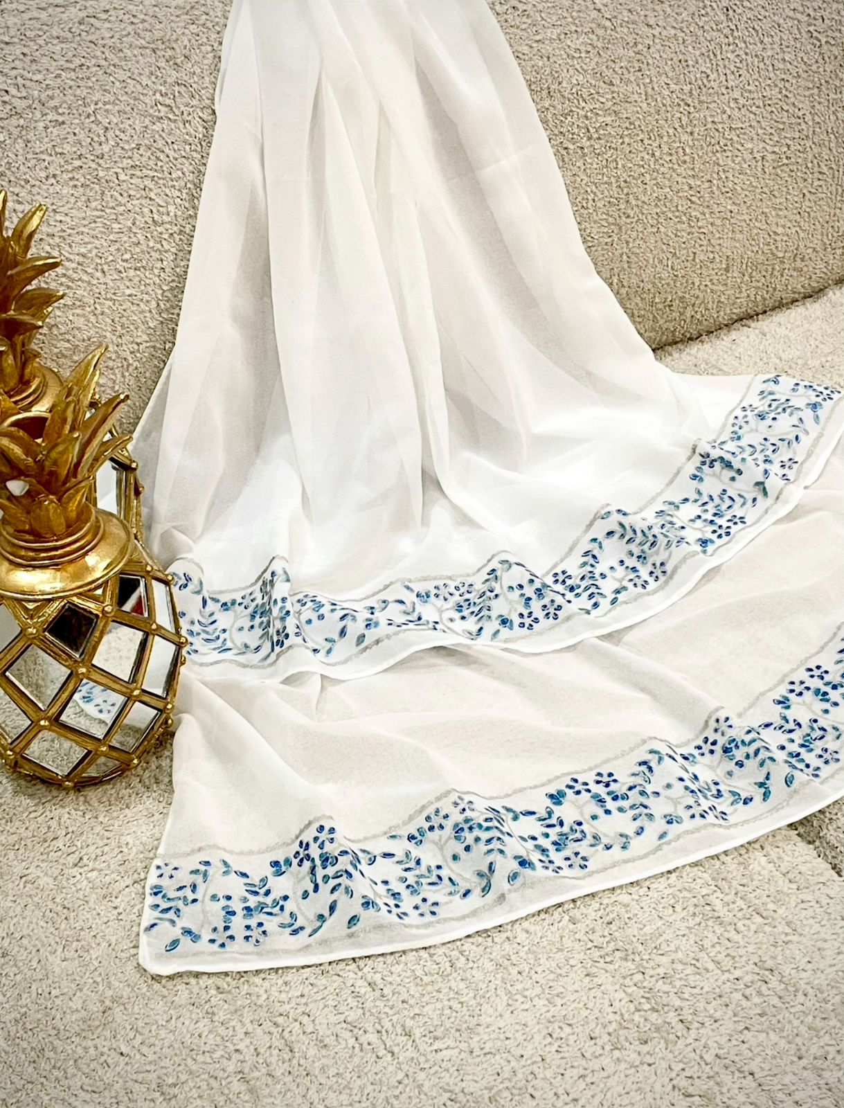 White Georgette Scarf with Blue Leafy Block Print & Silver Highlights – Elegant Lightweight Wrap