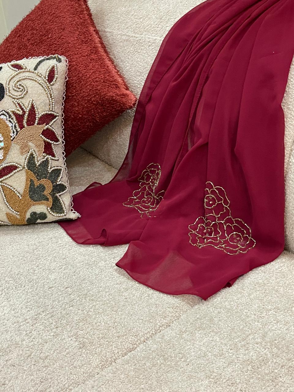 Maroon Georgette Scarf with Golden Katka Handwork – Elegant Traditional Wrap