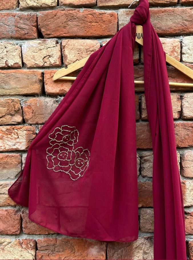Maroon Georgette Scarf with Golden Katka Handwork – Elegant Traditional Wrap