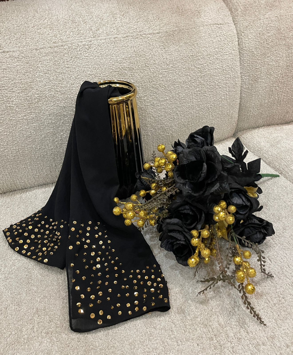 Luxury Black Georgette Scarf with Dual Golden Embellished Borders – Elegant Evening Wrap