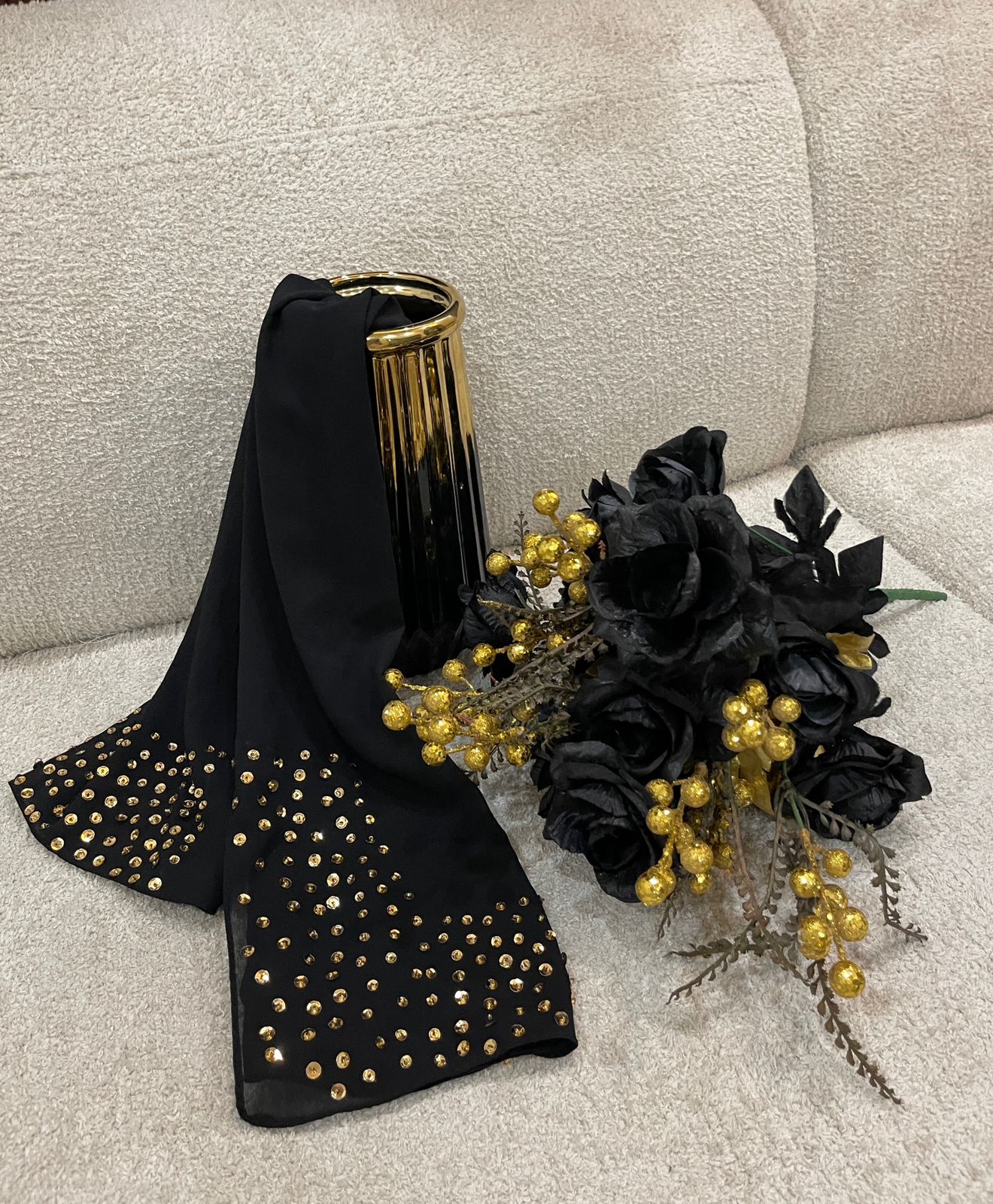 Luxury Black Georgette Scarf with Dual Golden Embellished Borders – Elegant Evening Wrap