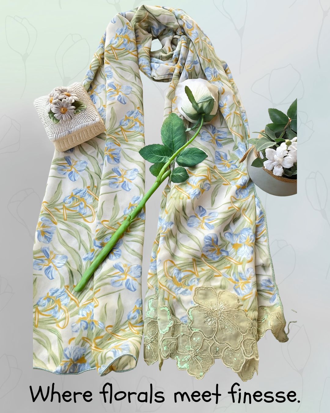 Light Green Floral Scarf with Mustard & Blue Leaf Prints and Embroidered Patch – Elegant Grip Fabric Wrap