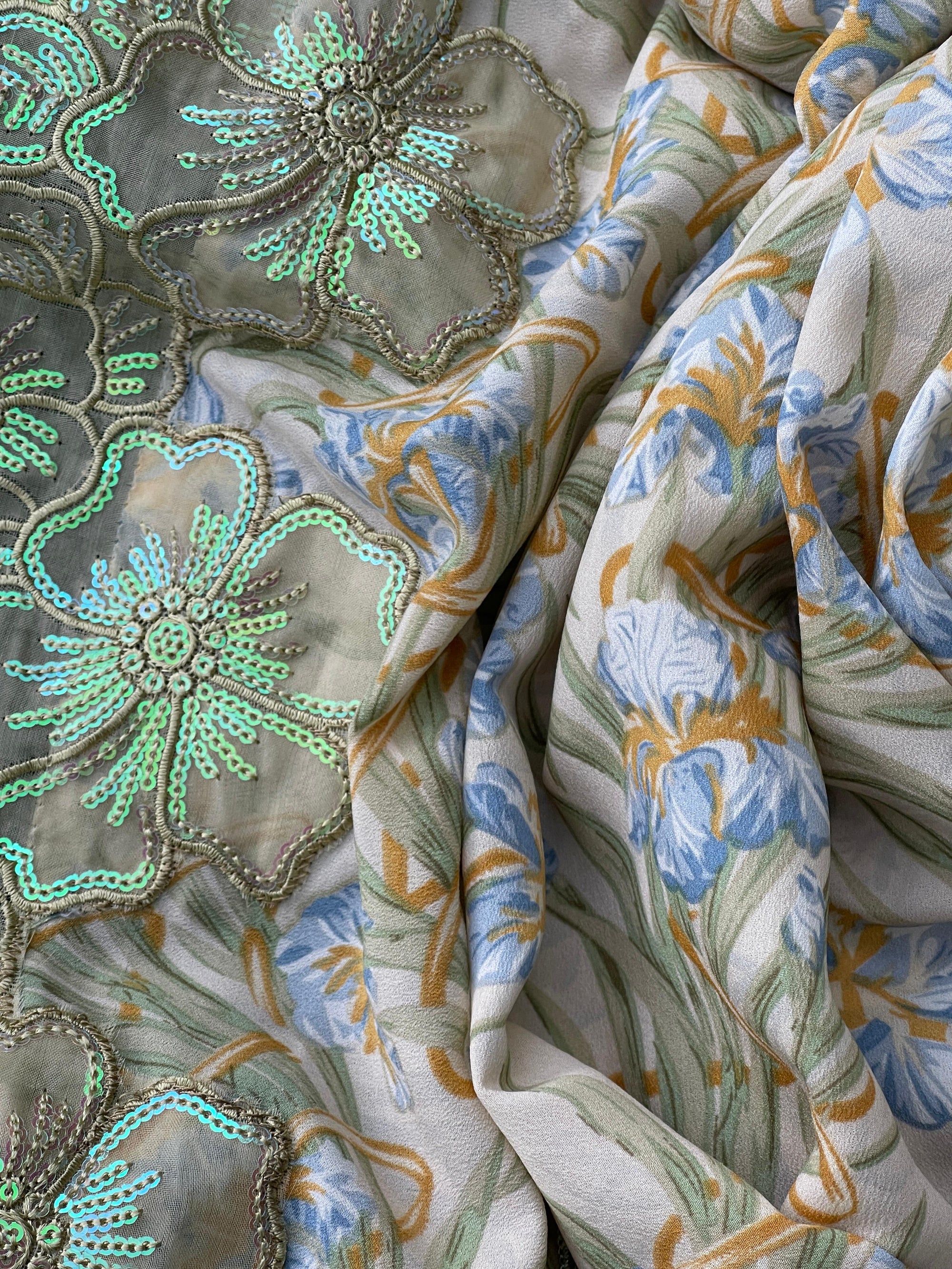 Light Green Floral Scarf with Mustard & Blue Leaf Prints and Embroidered Patch – Elegant Grip Fabric Wrap