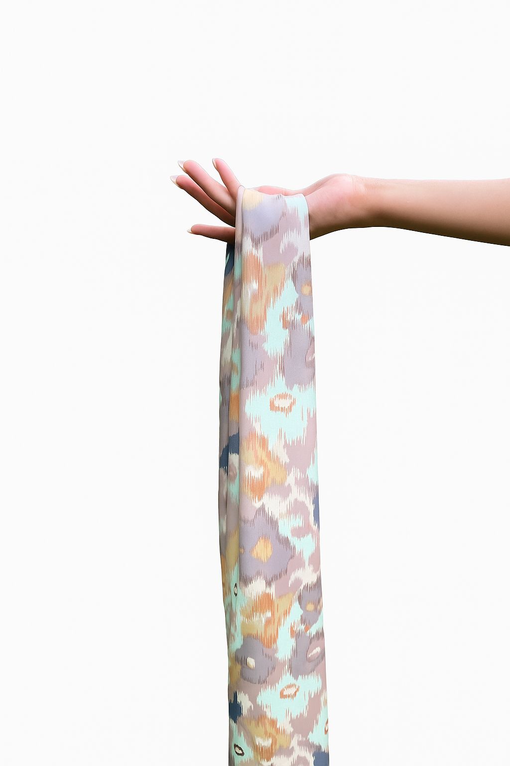 Silk Abstract Print Scarf with Golden Beads – Taupe, Mustard & Pastel Boho Chic Wrap