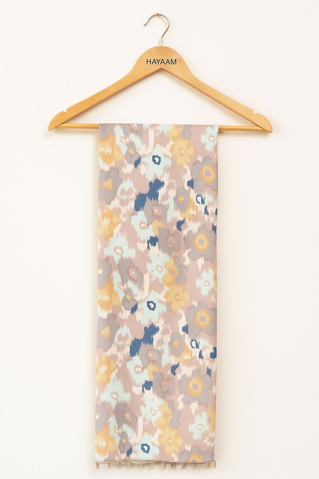 Silk Abstract Print Scarf with Golden Beads – Taupe, Mustard & Pastel Boho Chic Wrap