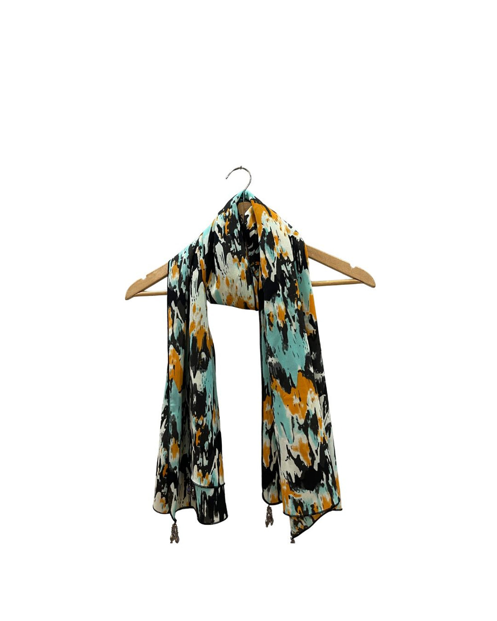 Grip Scarf with Abstract Brush Stroke Design in Teal, Saffron & Black – Artistic Beaded Tassel Wrap