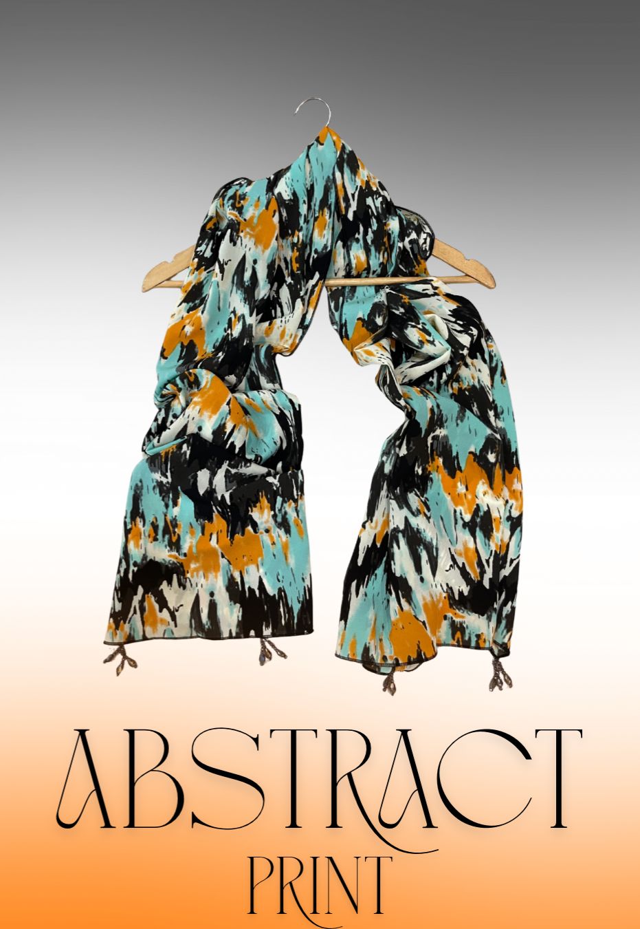 Grip Scarf with Abstract Brush Stroke Design in Teal, Saffron & Black – Artistic Beaded Tassel Wrap