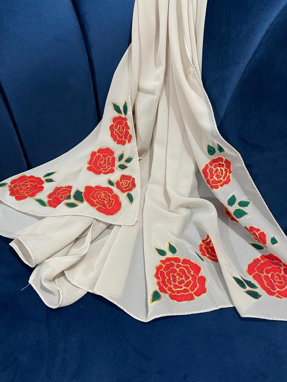 Hand-Painted Beige Scarf with Orange Floral & Green Leaf Design – Elegant Lightweight Wrap