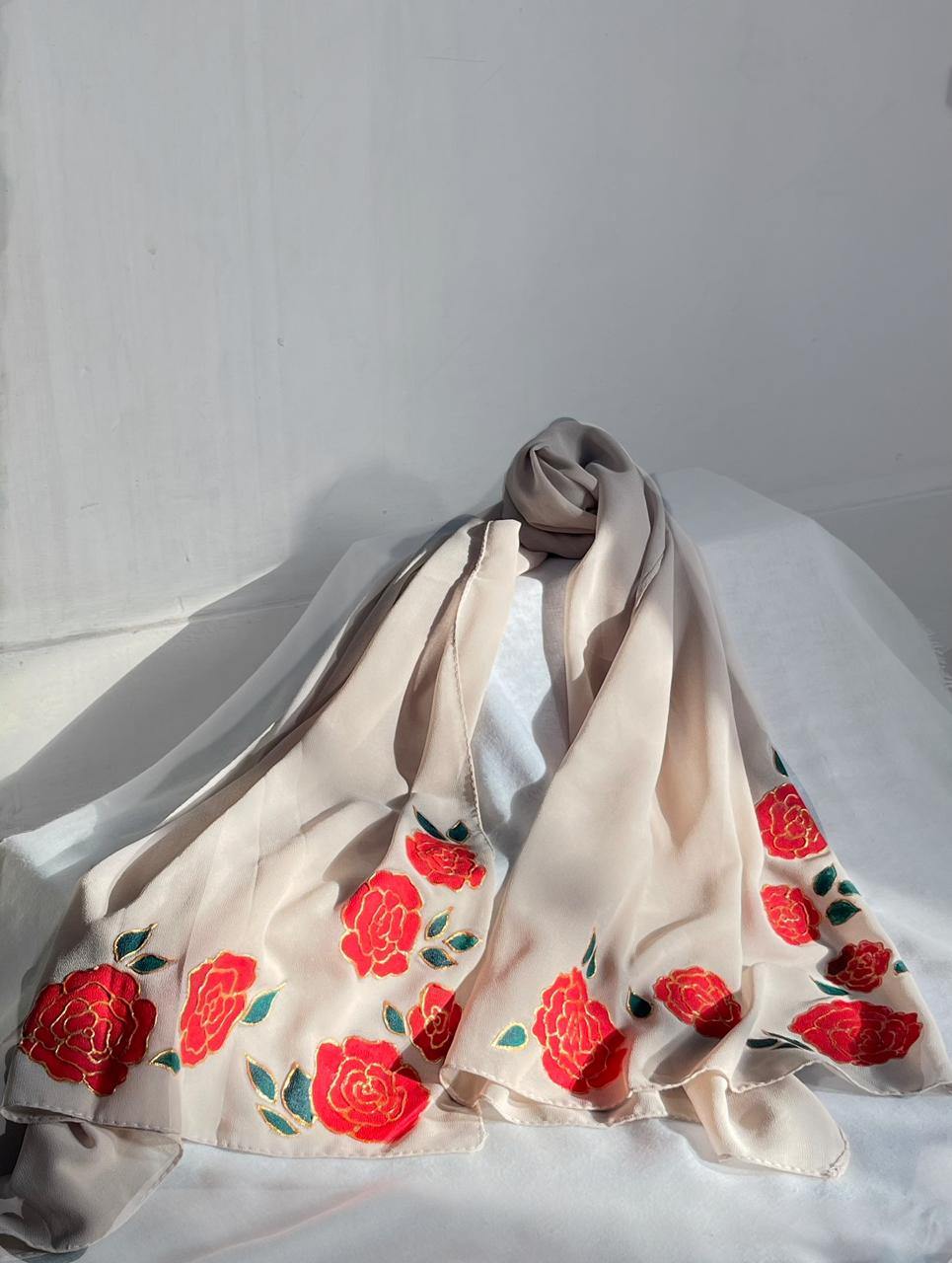 Hand-Painted Beige Scarf with Orange Floral & Green Leaf Design – Elegant Lightweight Wrap