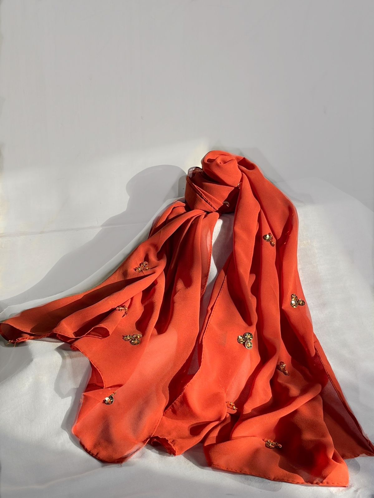 Rust Georgette Scarf with Subtle Golden Embellishments – Elegant Luxury Wrap