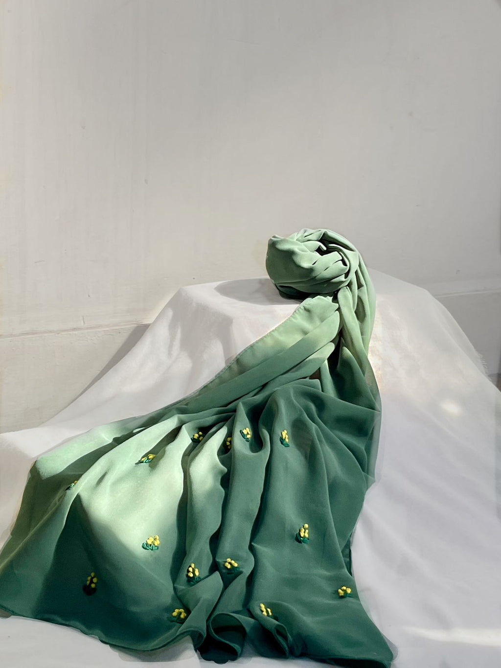 Sage Green Hand-Embroidered Georgette Scarf with Yellow Floral & Leaf Motifs – Elegant Pastel Wrap