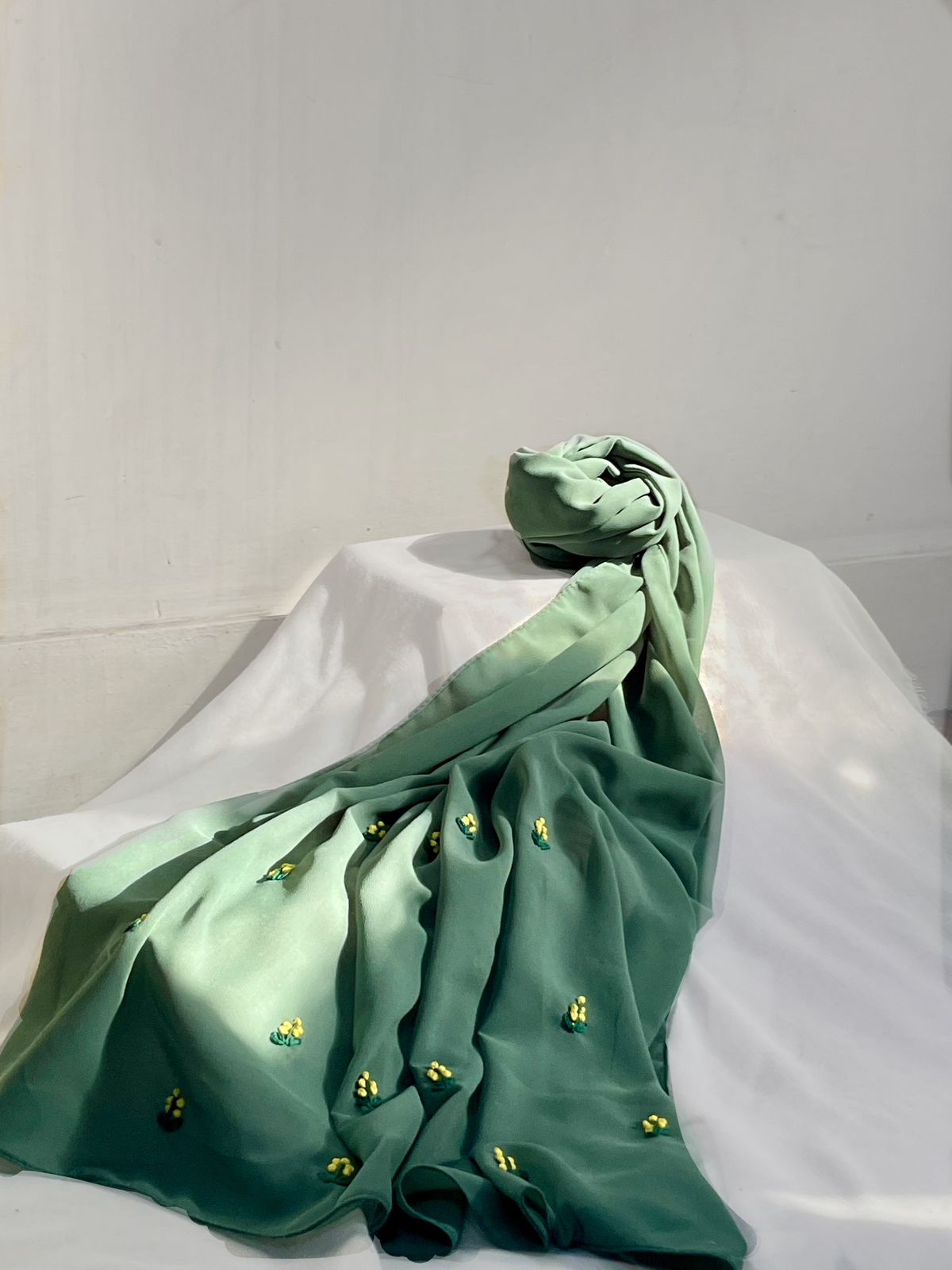 Sage Green Hand-Embroidered Georgette Scarf with Yellow Floral & Leaf Motifs – Elegant Pastel Wrap