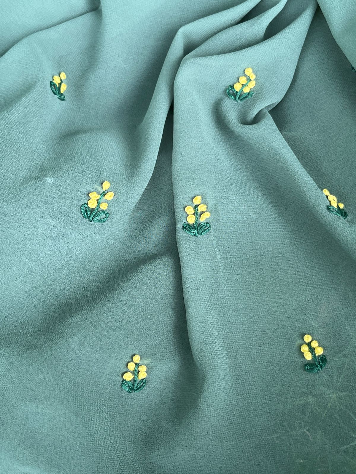 Sage Green Hand-Embroidered Georgette Scarf with Yellow Floral & Leaf Motifs – Elegant Pastel Wrap