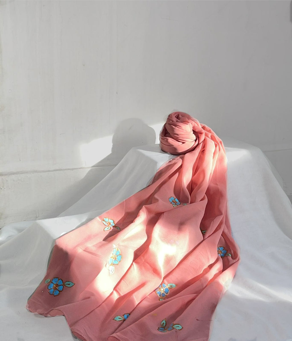 Blush Pink Hand-Painted Floral Georgette Scarf with Blue & Green Motifs – Elegant Lightweight Wrap