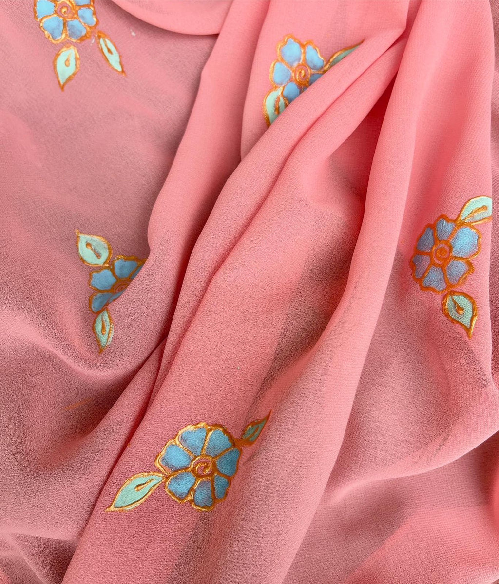 Blush Pink Hand-Painted Floral Georgette Scarf with Blue & Green Motifs – Elegant Lightweight Wrap