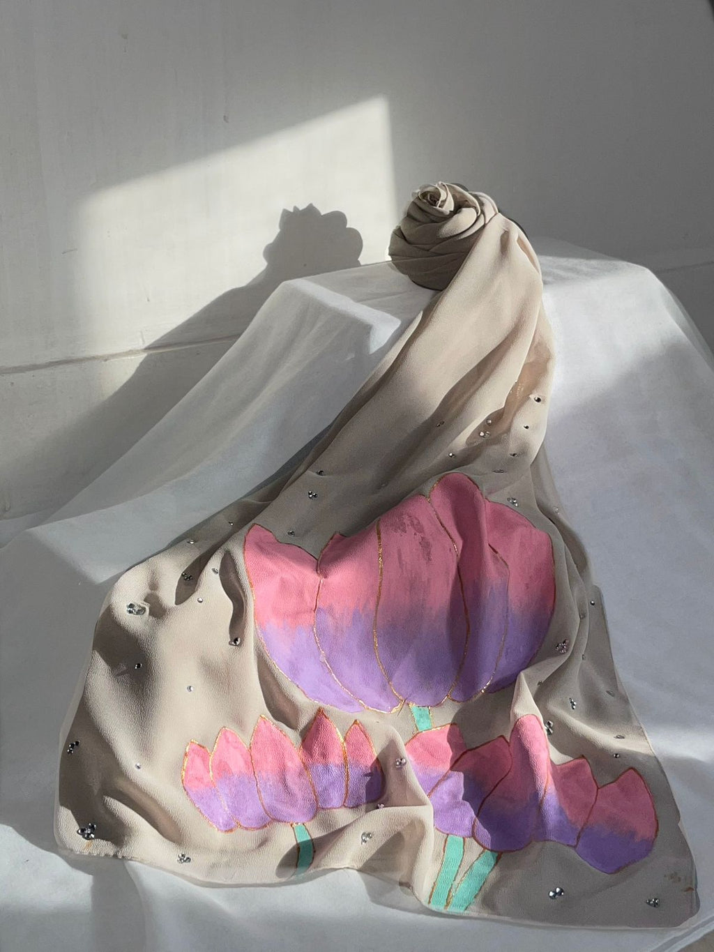 Hand-Painted Beige Lotus Georgette Scarf – Elegant Floral Pastel Wrap for Women