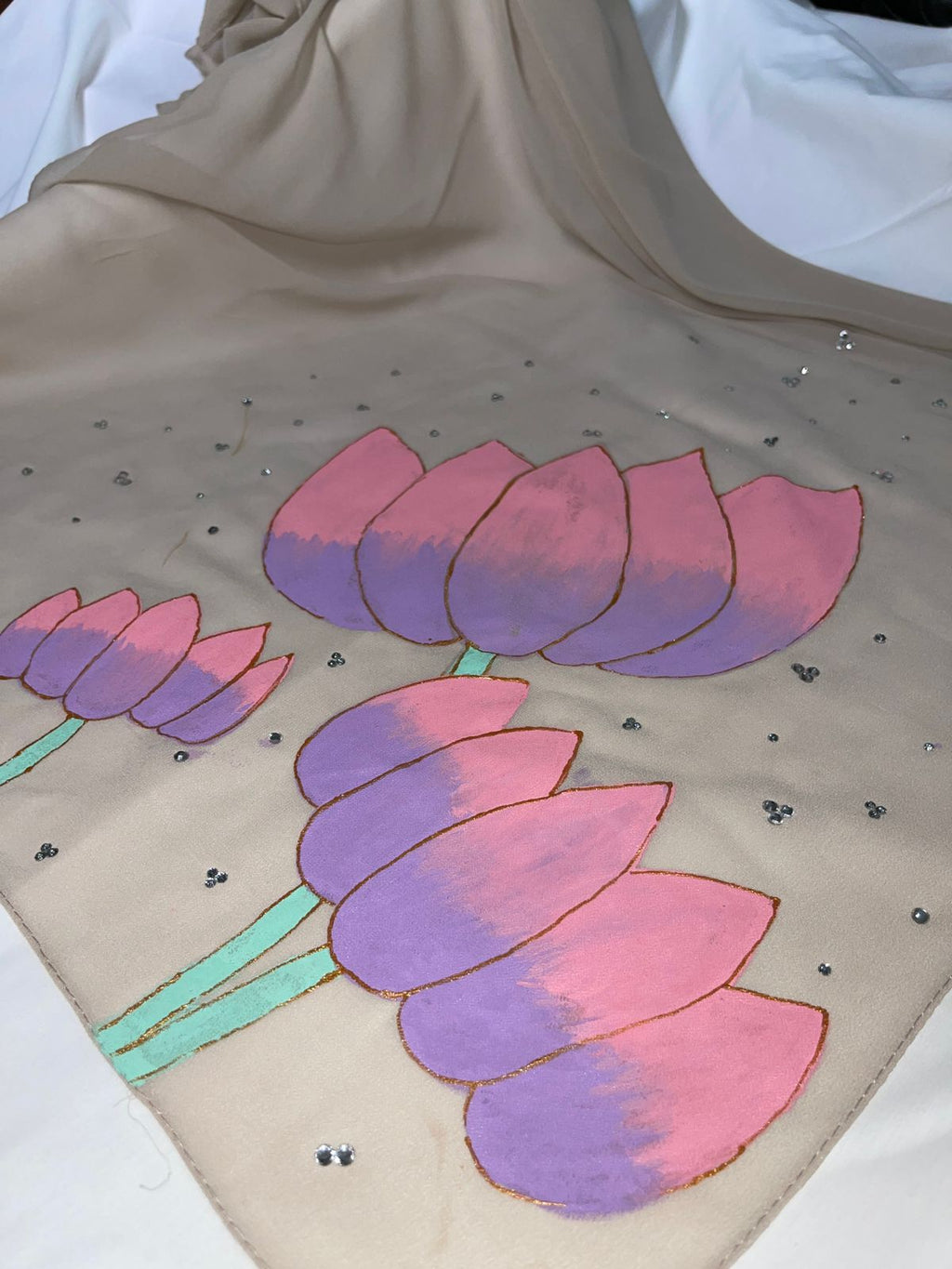 Hand-Painted Beige Lotus Georgette Scarf – Elegant Floral Pastel Wrap for Women
