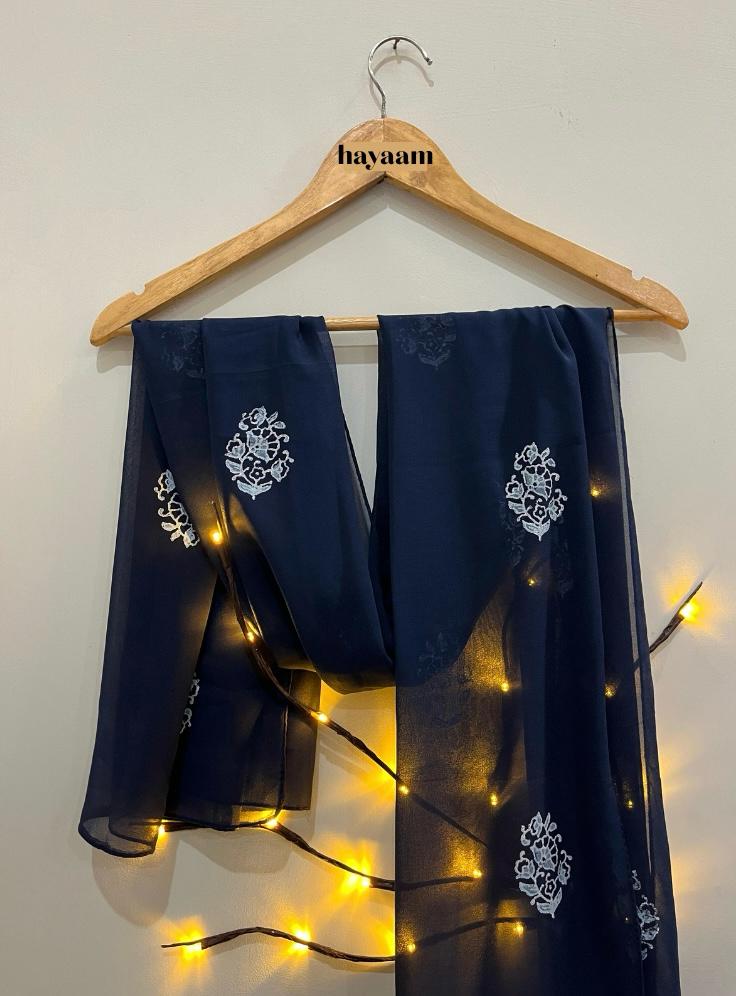 Block Printed Navy Blue Georgette Scarf – Elegant Ethnic & Contemporary Wrap