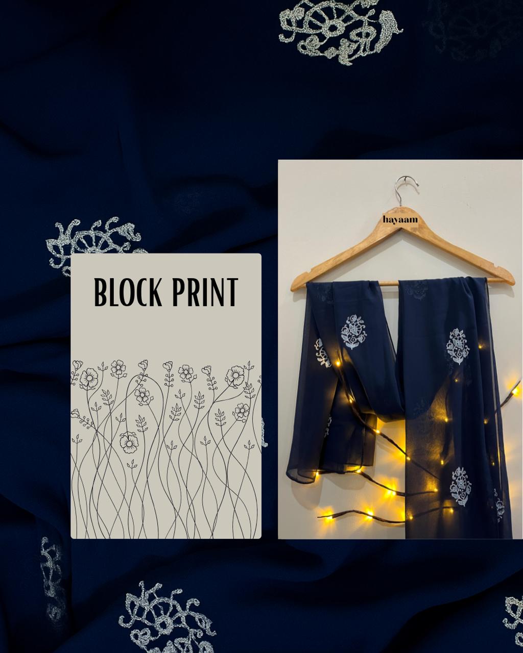Block Printed Navy Blue Georgette Scarf – Elegant Ethnic & Contemporary Wrap