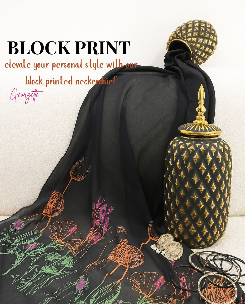 Black Georgette Block Printed Scarf – Multicolor Traditional & Artistic Wrap