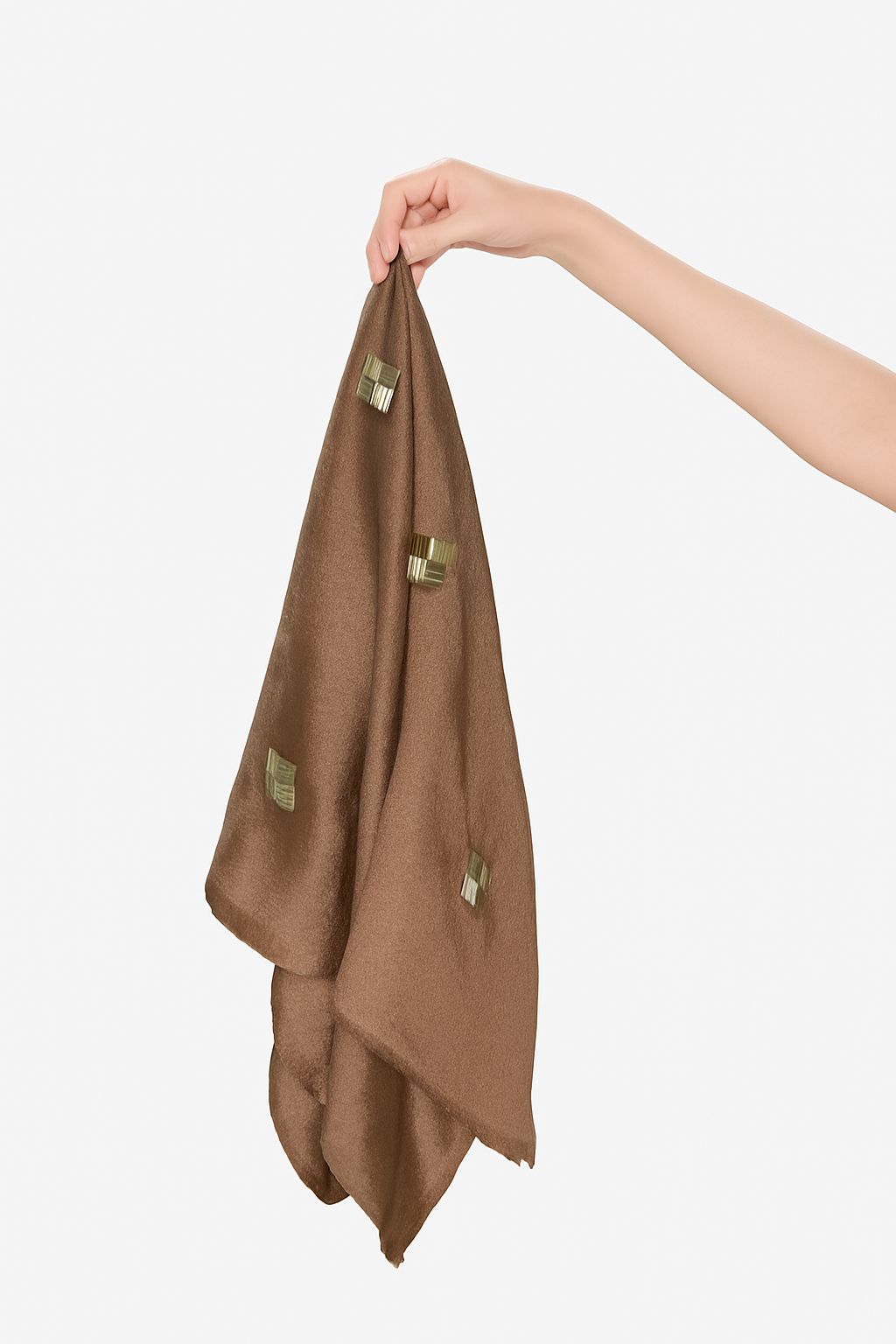 Metallic Bronze Scarf with Golden Square Embellishments – Luxury Statement Wrap