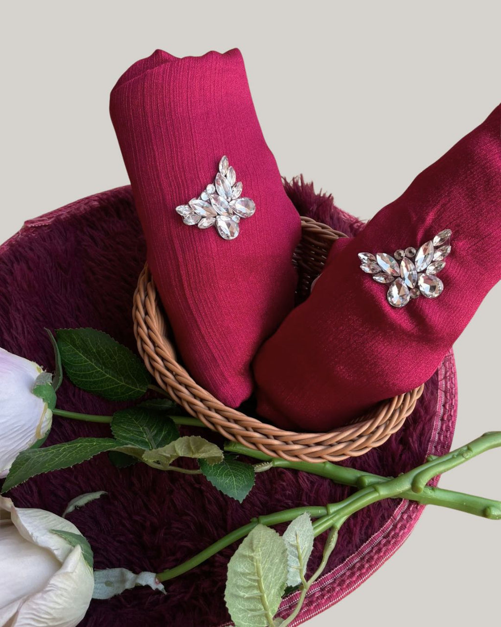 Crimson Scarf with Silver Handcrafted Butterflies – Elegant Luxury Wrap