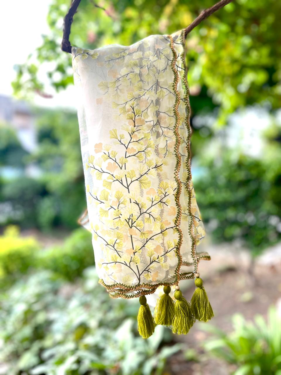 White Organza Scarf with Broshia Green Floral Paint & Tassels
