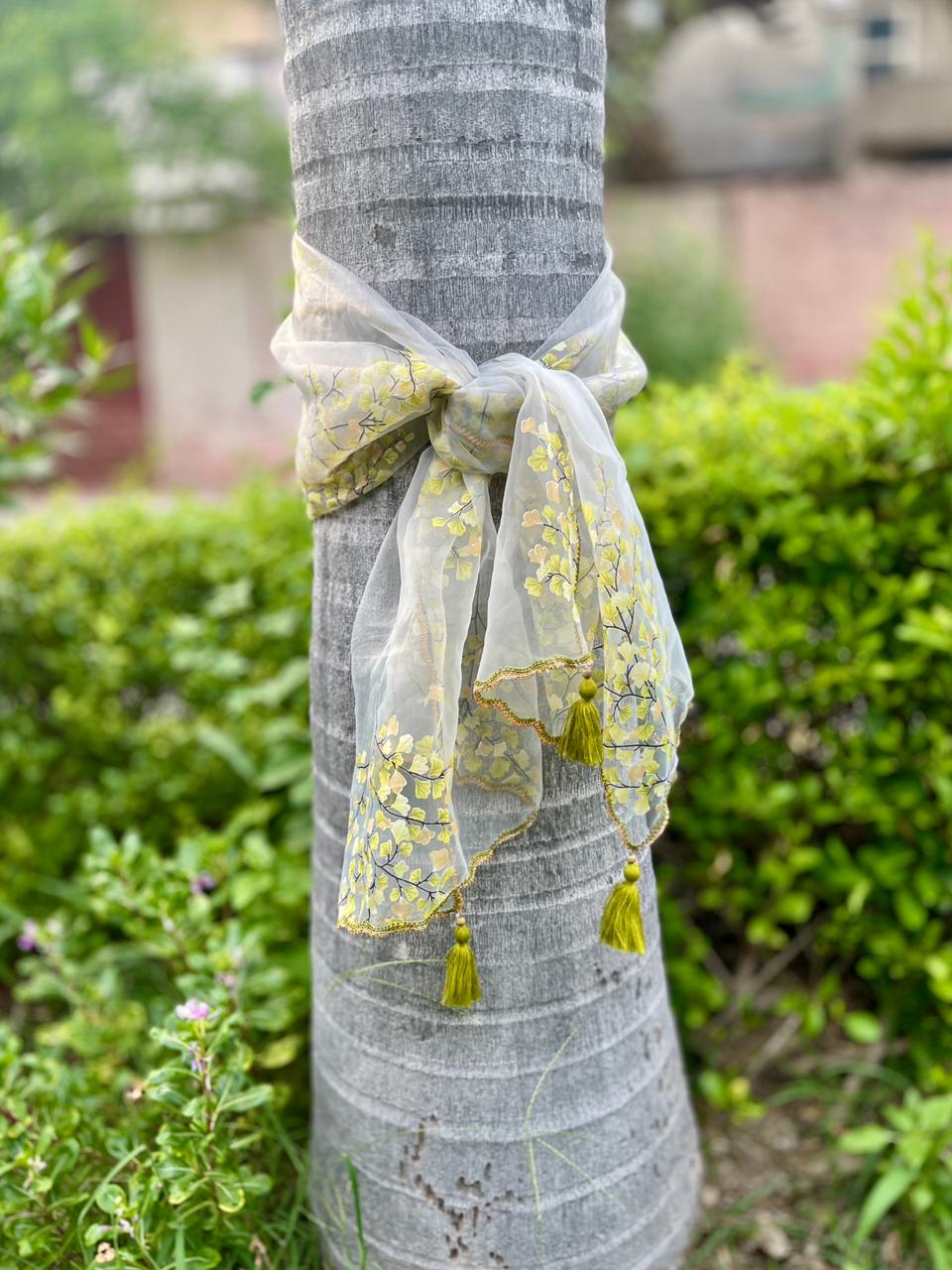 White Organza Scarf with Broshia Green Floral Paint & Tassels