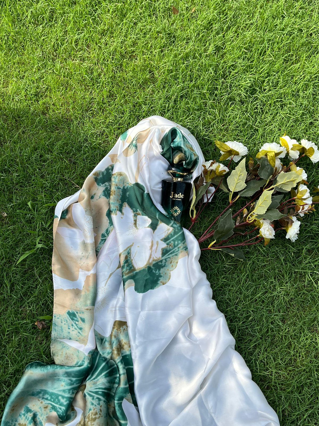 White Silk Scarf with Green Leafy Print Design
