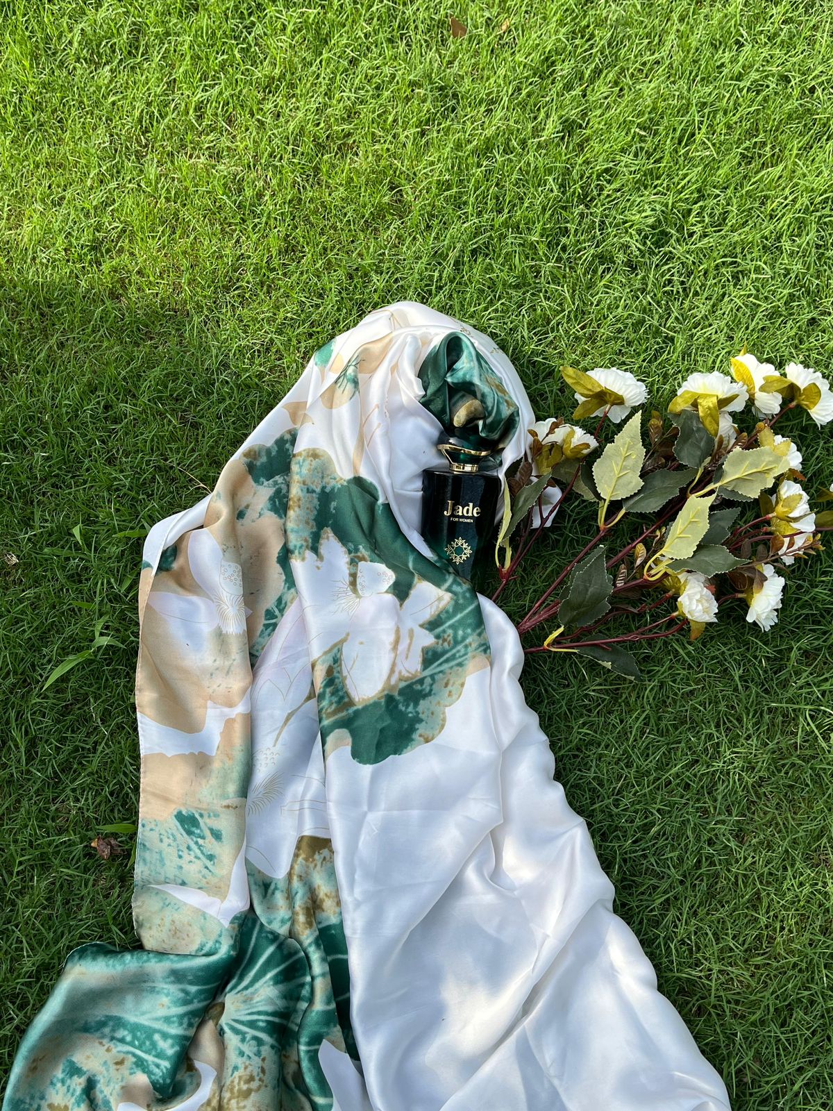 White Silk Scarf with Green Leafy Print Design