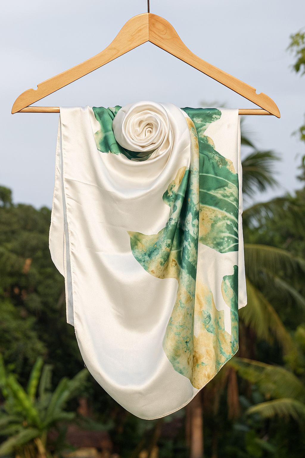 White Silk Scarf with Green Leafy Print Design